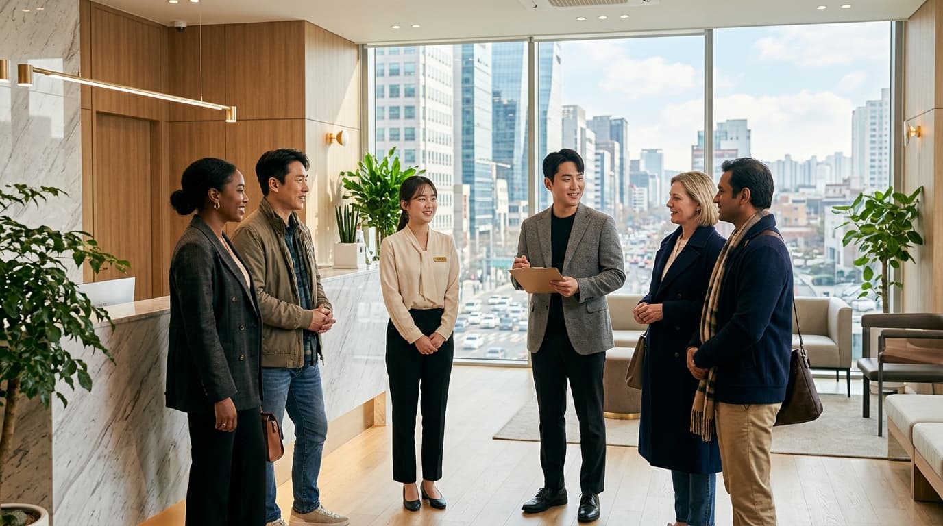 International visitors with an English interpreter at a modern plastic surgery clinic in Seoul