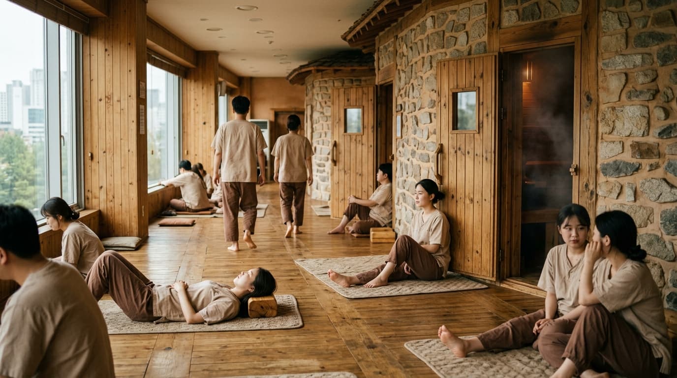 Inside a Seoul jjimjilbang with guests relaxing in spa-wear on heated floors