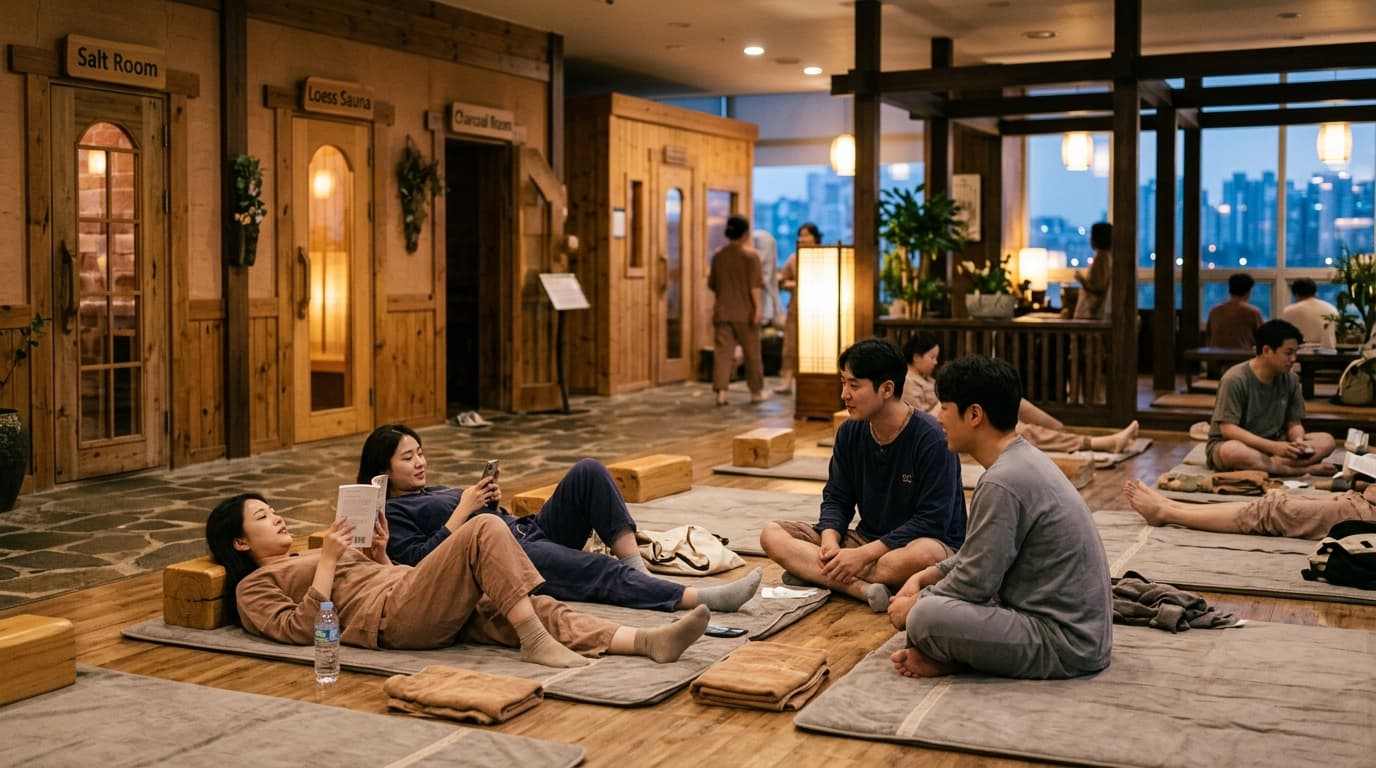 People relaxing in a jjimjilbang lounge in Korea, wearing cotton pajamas