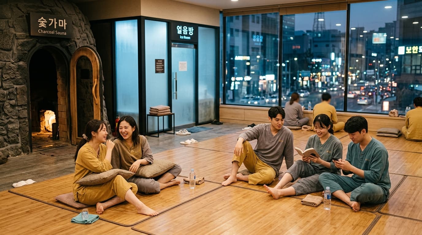 Visitors in spa pajamas relaxing on a heated floor in a modern Korean jjimjilbang lounge