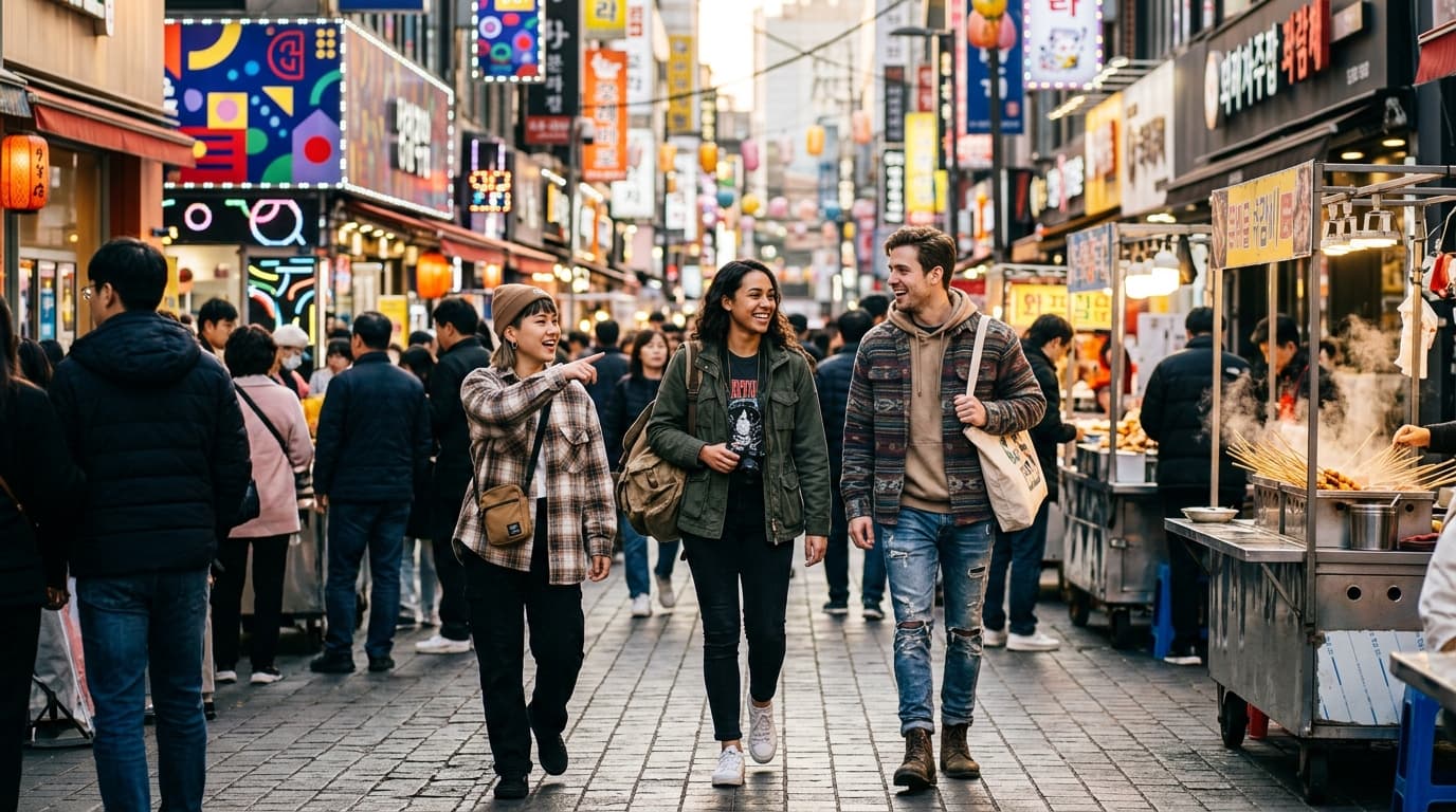 Travelers walking through Myeongdong street in Seoul, surrounded by shops and street food