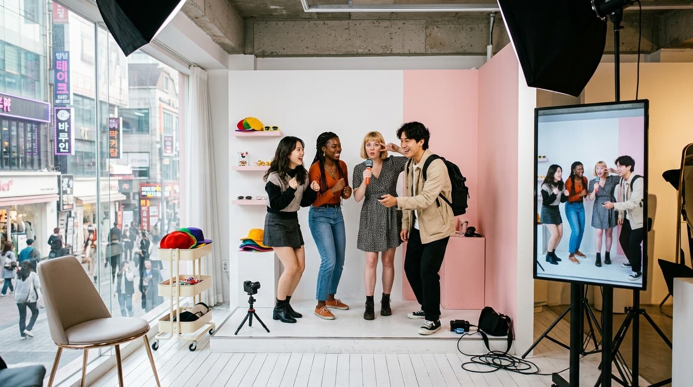 Travelers posing with props in a bright Seoul self photo studio, city view outside