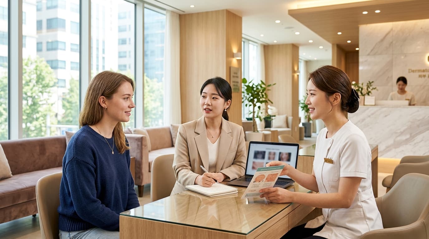 A foreign visitor with an interpreter consulting at a modern Seoul skin clinic