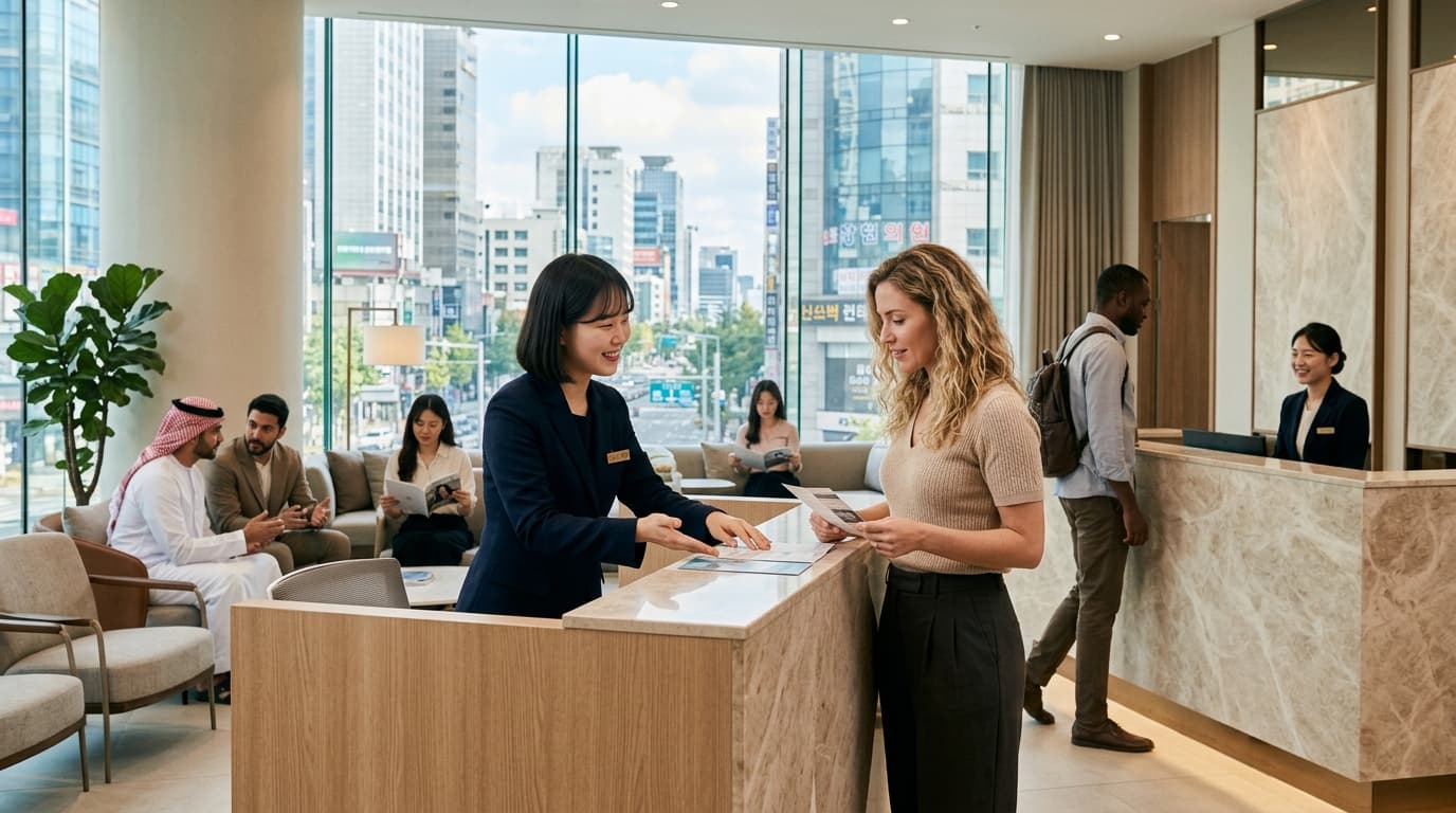 Seoul plastic surgery clinic reception with foreign visitors and English interpreter