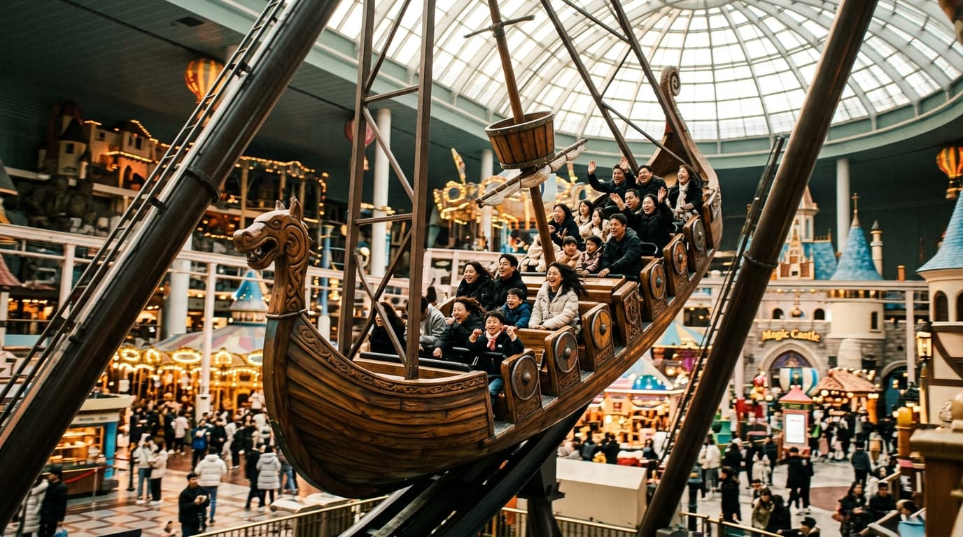 The Conquistador Viking ship ride in motion inside Lotte World, lively with tourists