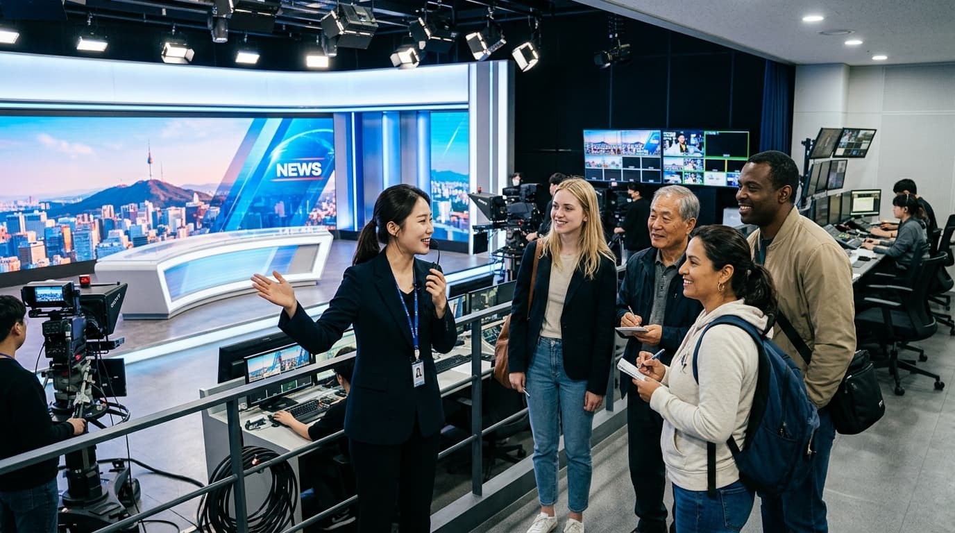 Tourists with an English guide inside a Korean TV news studio in Seoul