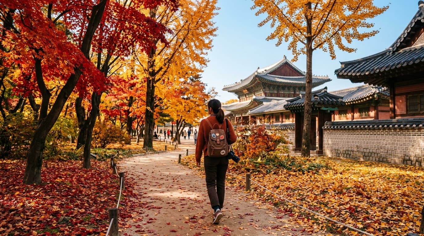 Traveler enjoying autumn foliage among colorful trees and palace in Korea