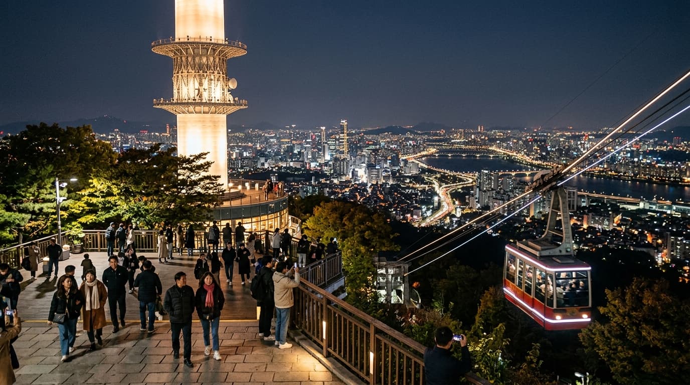 N Seoul Tower at night, brightly lit, with city lights and visitors on the terrace