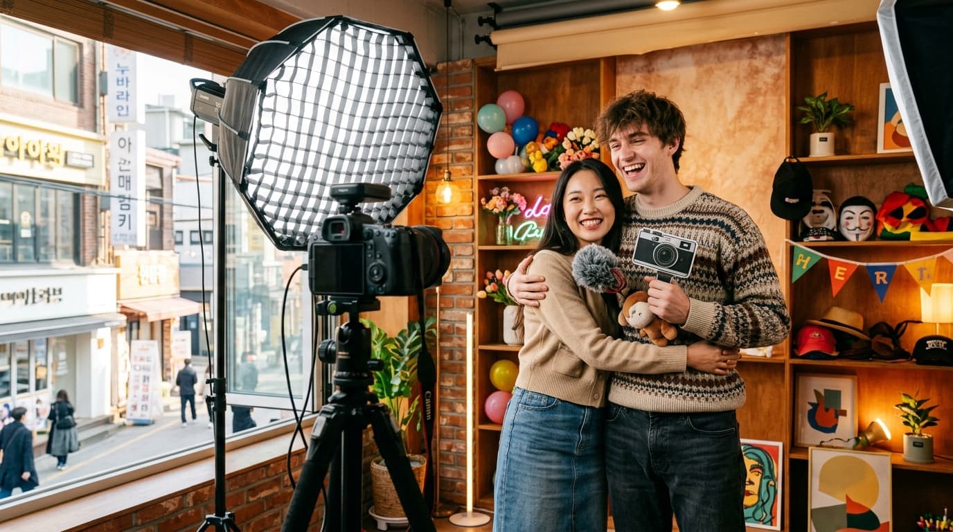 Young couple enjoying a self photo studio session in a trendy Seoul setting