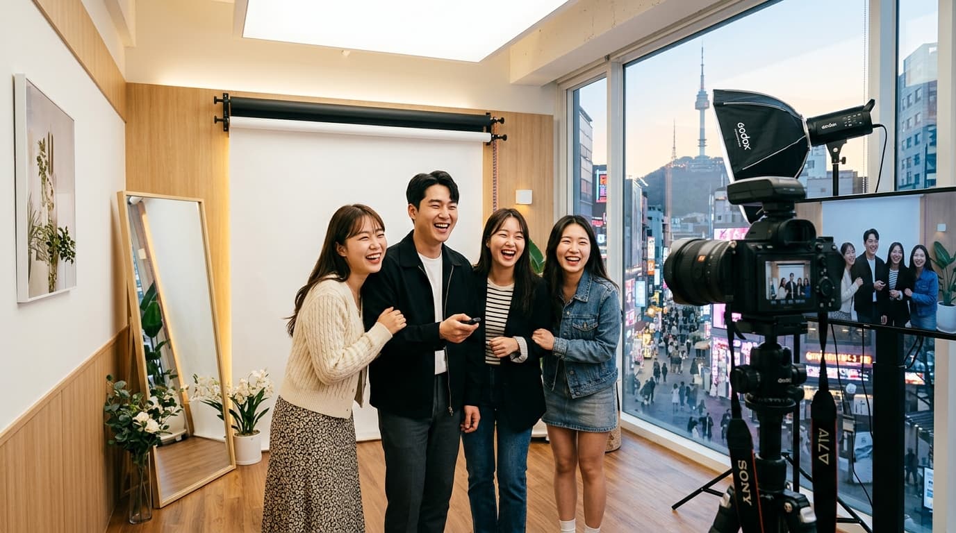 Travelers taking photos inside a trendy self photo studio in Seoul with city views