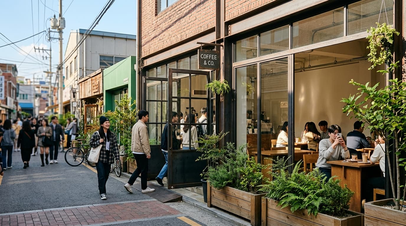Trendy Seongsu-dong street with people entering a warehouse-style cafe in Seoul