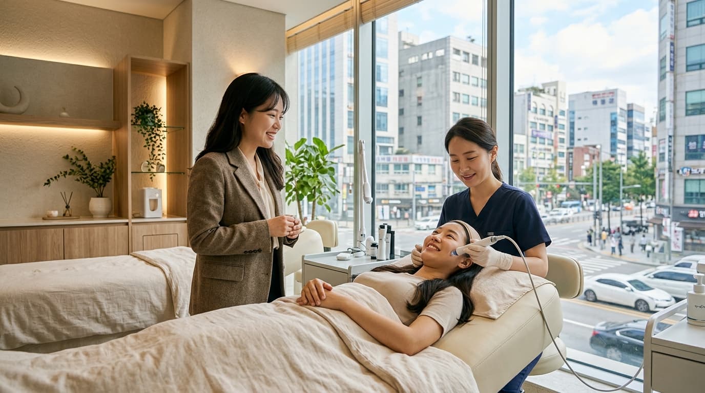 International tourist receiving a facial at a modern Seoul aesthetic clinic with English interpreter