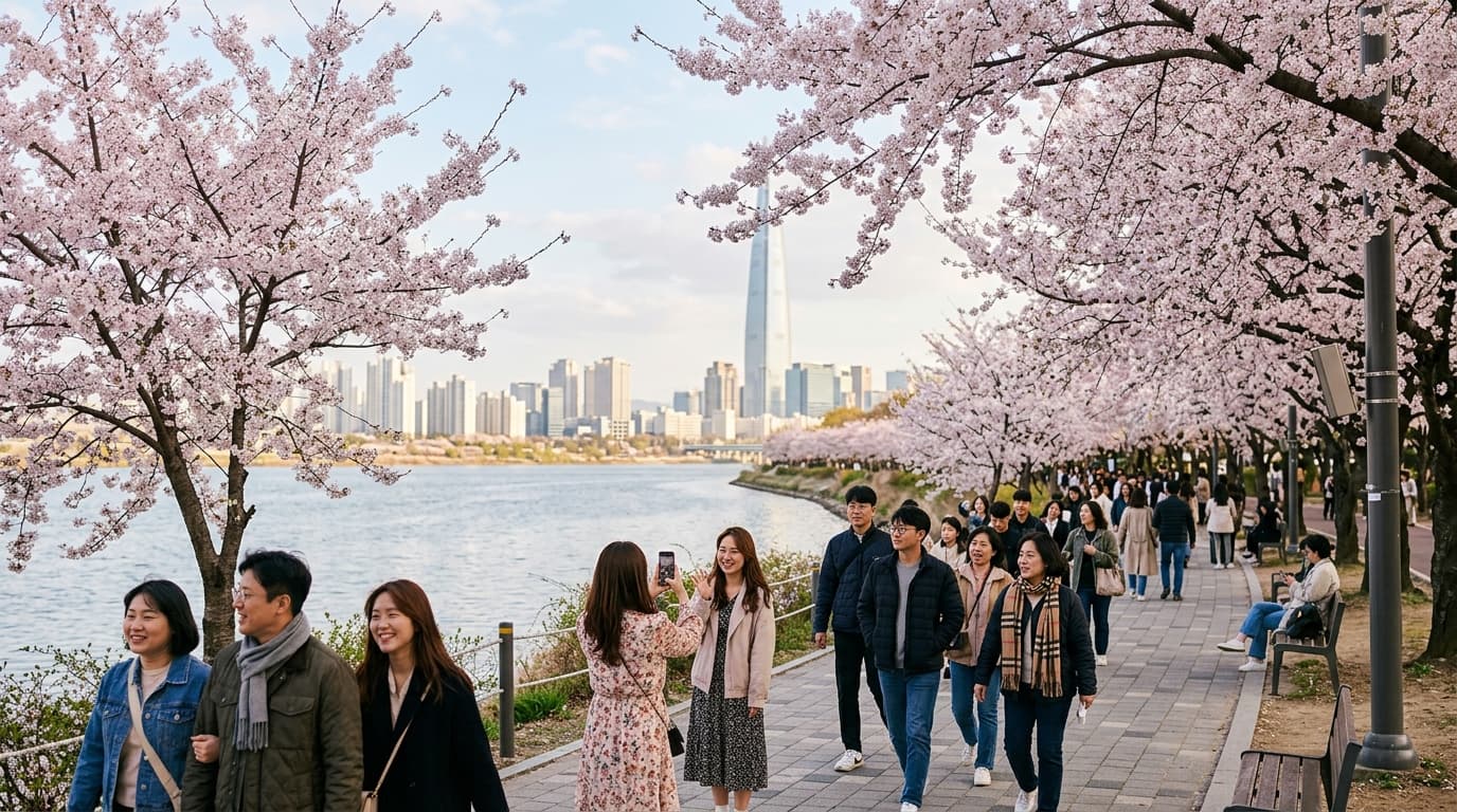 Cherry blossoms blooming along the Han River in Seoul with visitors enjoying the view