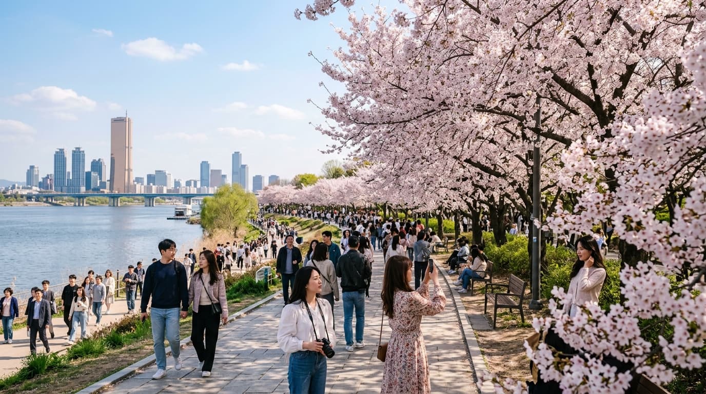 Cherry blossoms in full bloom at Yeouido Hangang Park, Seoul, with visitors enjoying the scene