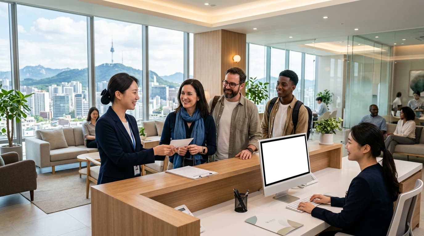 International visitors greeted by an English-speaking interpreter at a Seoul clinic reception with city skyline in the background