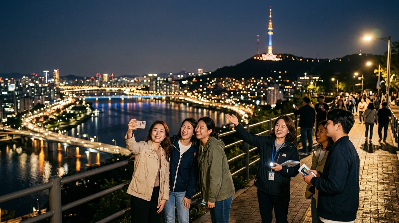 Tourists on a night tour in Seoul with Namsan Tower and city lights in the background
