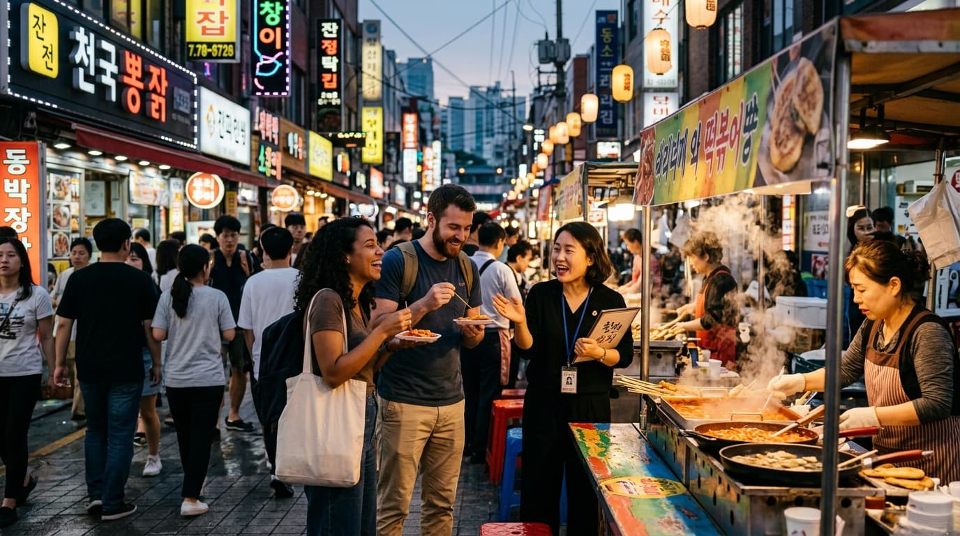 Tourists enjoying Korean street food at a busy Seoul market with an English-speaking guide