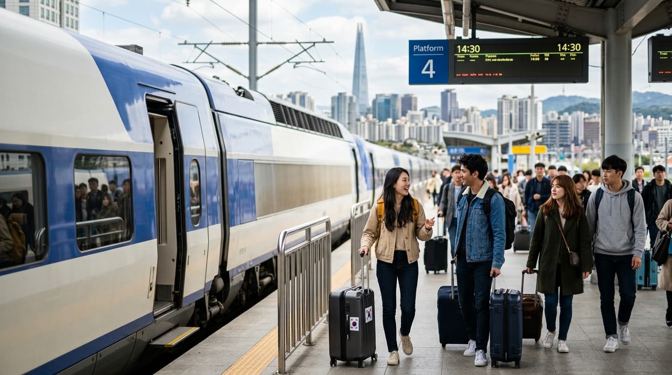KTX bullet train at Seoul Station platform with travelers and city skyline