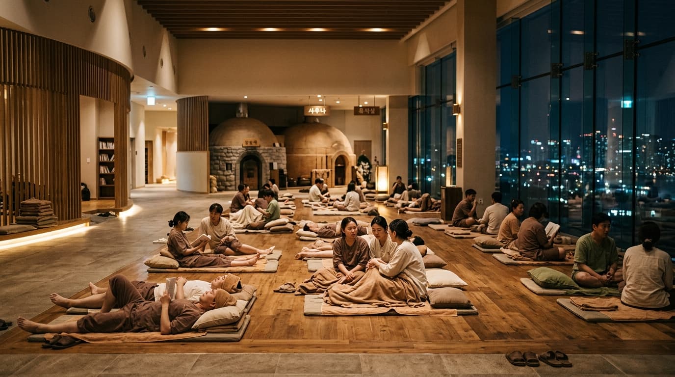 Travelers relaxing in a 24-hour jjimjilbang lounge area in Seoul at night