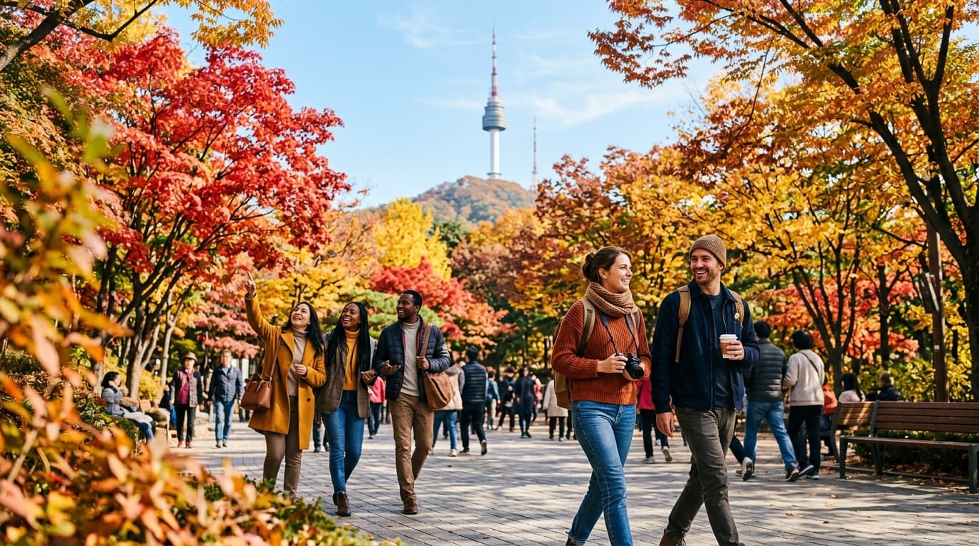 Travelers walking under colorful autumn trees in a Seoul park with Namsan Tower in the background