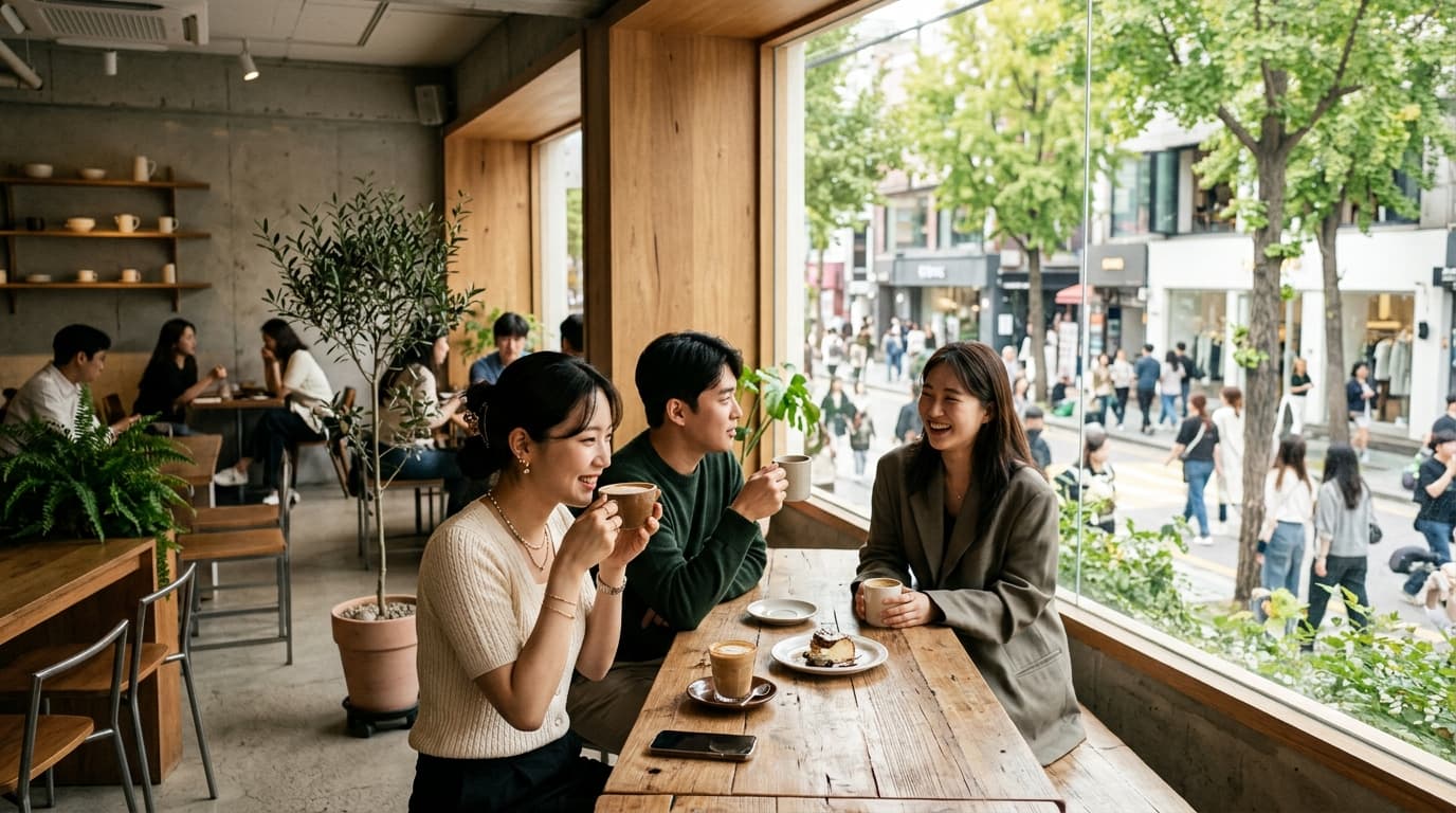 Trendy Sinsadong cafe interior with young customers and Garosu-gil view in Seoul
