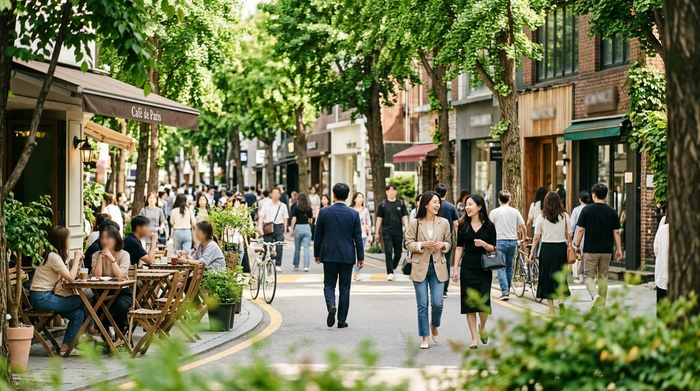 Tree-lined Sinsadong Garosu-gil with locals, boutique shops, and outdoor cafés in Seoul