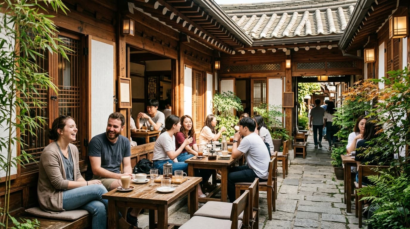 Tourists enjoying drinks at a hanok cafe in Ikseondong, Seoul, with traditional wooden architecture and sunlit courtyard