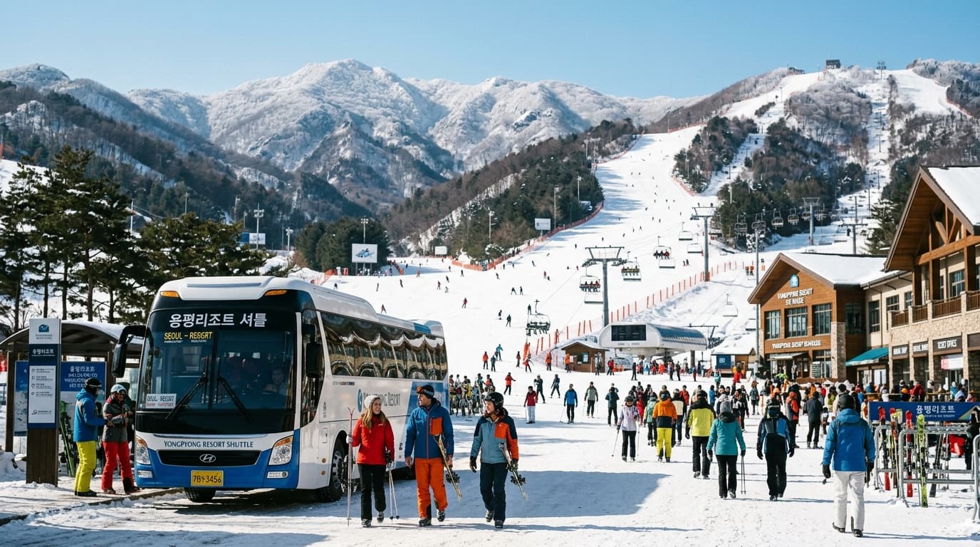 Tourists in ski gear at a Korean ski resort near Seoul with shuttle bus and snowy slopes