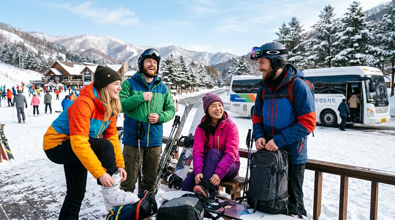 Travelers in ski gear ready for a day trip at a snowy Korean ski resort near Seoul