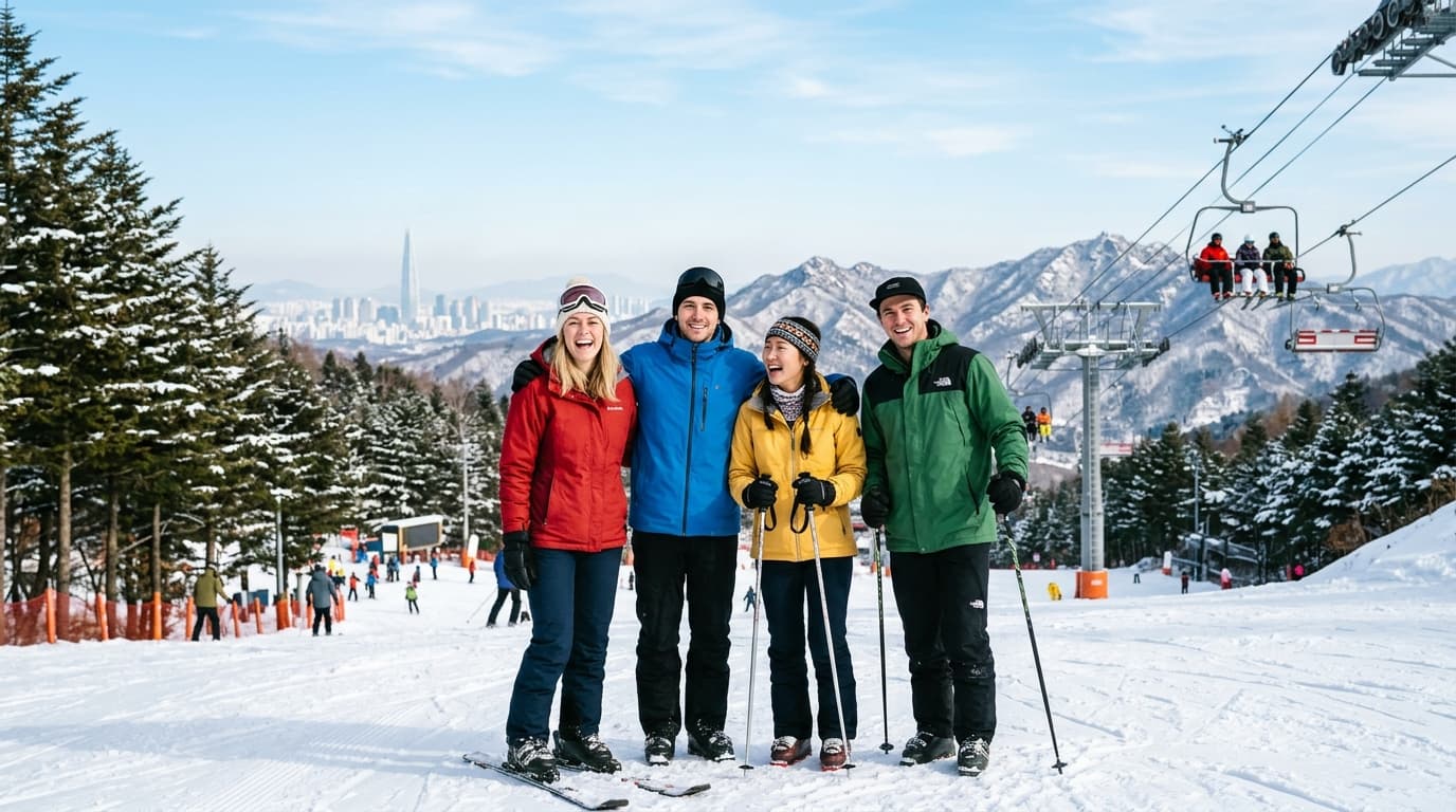 Group of international tourists in ski gear on a snowy slope near Seoul with ski lifts and mountains