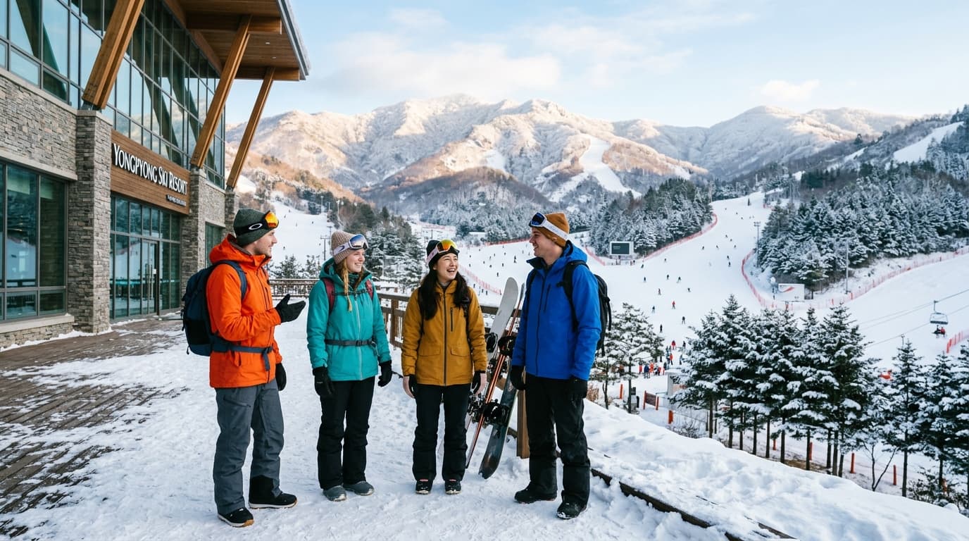 Tourists in ski outfits at a snow-covered Korean ski resort near Seoul, ready for a day trip