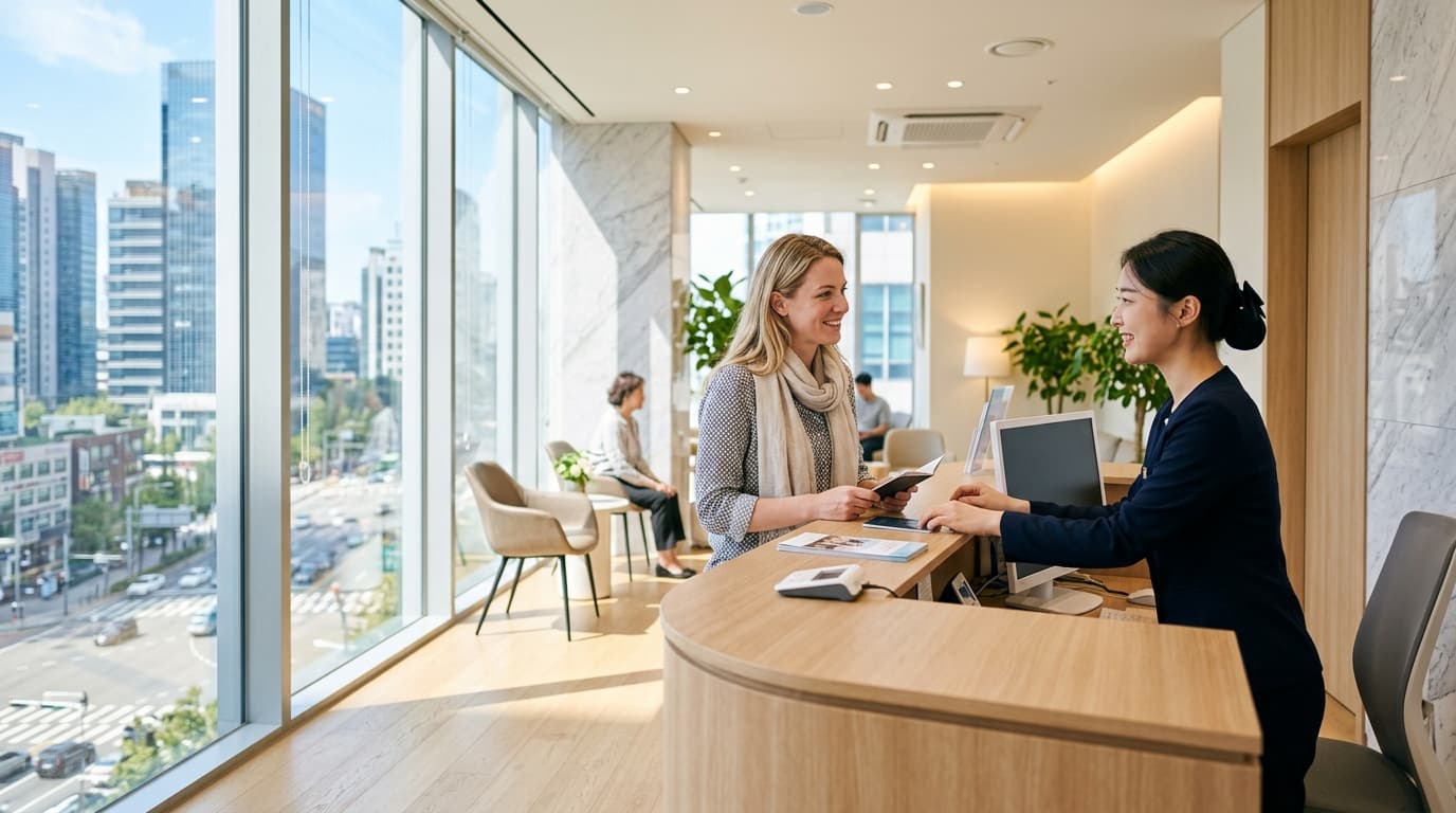 A foreign visitor at a modern Seoul eye clinic reception desk with city views