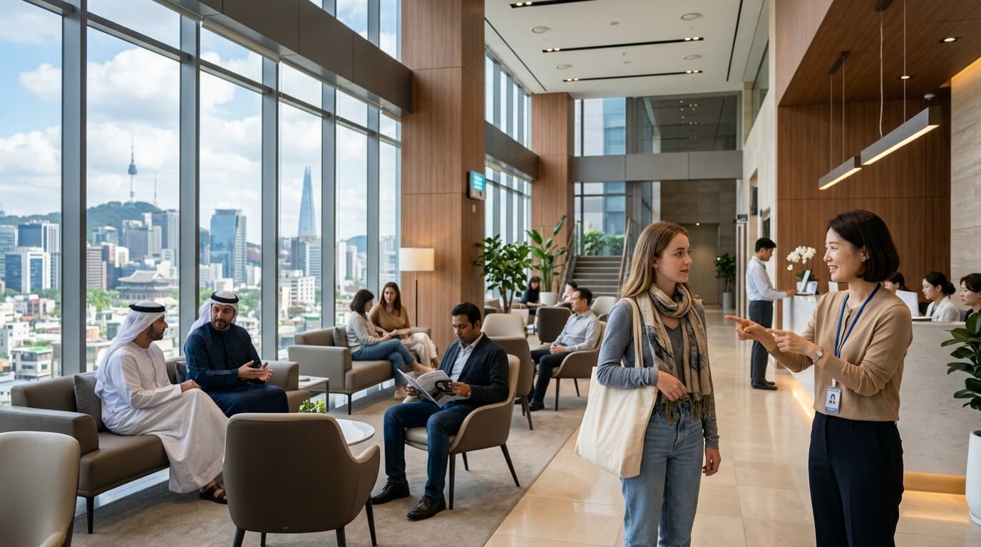 A modern Seoul eye clinic lobby with an English interpreter assisting a foreign visitor