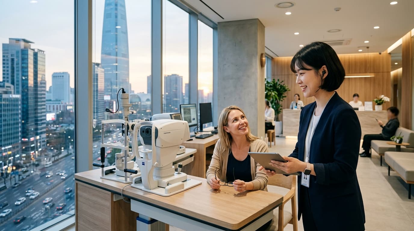 Inside a Seoul eye clinic, an interpreter helps a foreign patient prepare for SMILE Pro vision correction