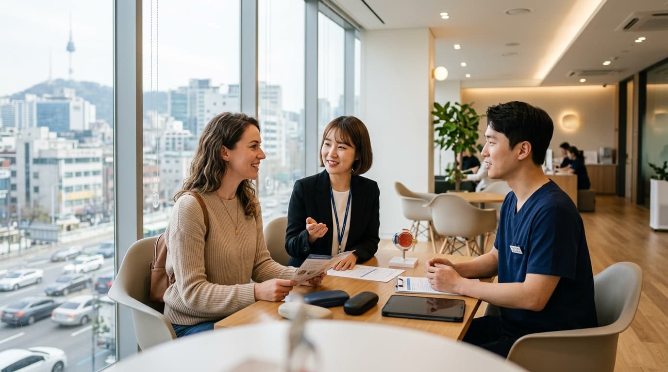 A tourist consulting with an interpreter at a modern Korean eye clinic in Seoul