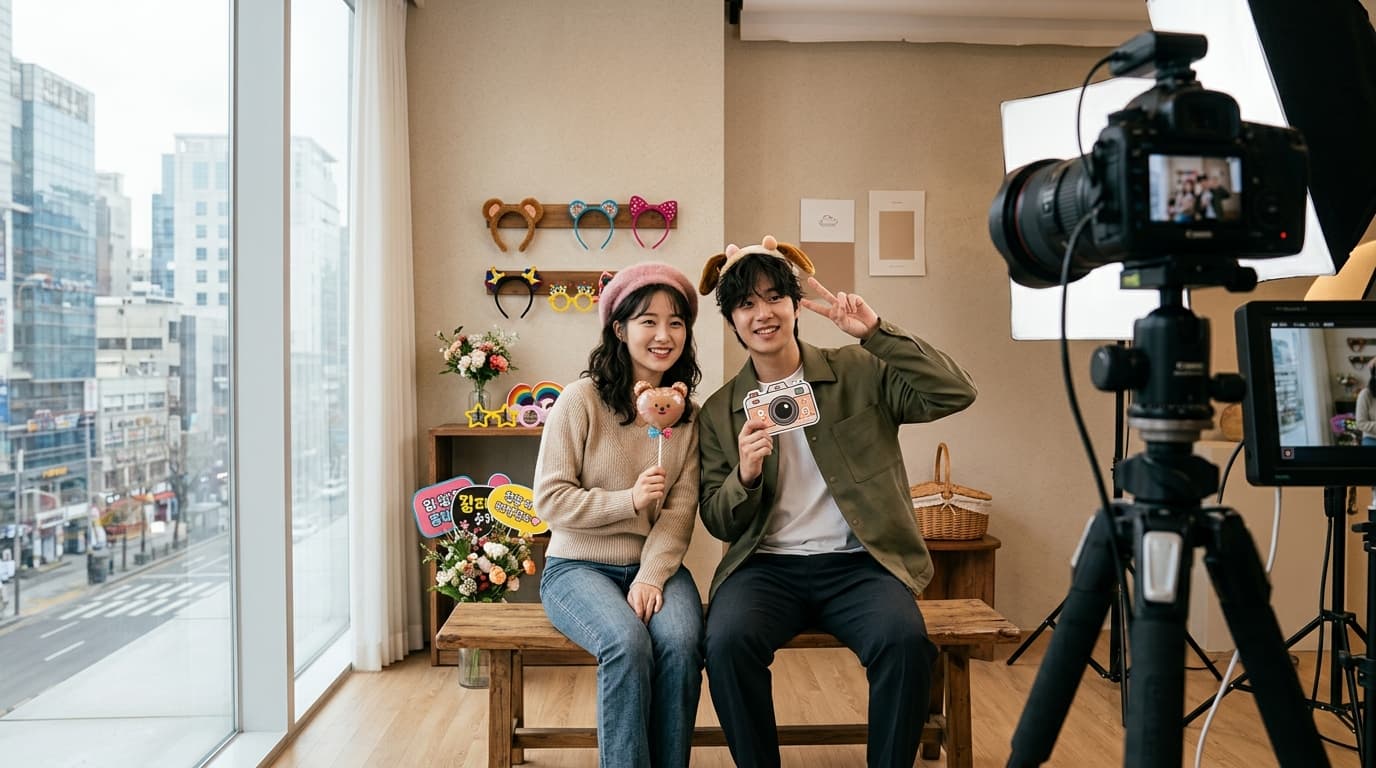 Two travelers posing in a Seoul self photo studio with K-style props and studio lighting