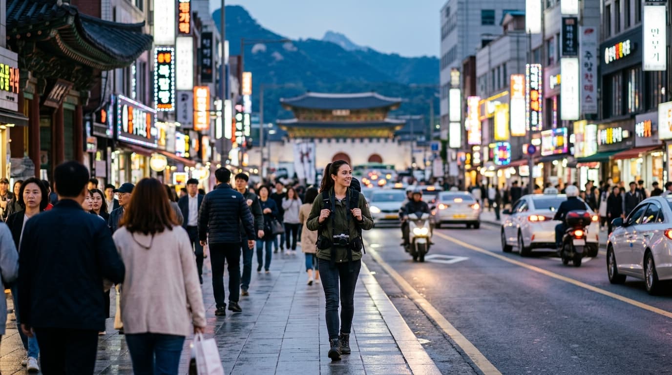 Solo female traveler exploring a lively Seoul street with neon lights and palace in the background