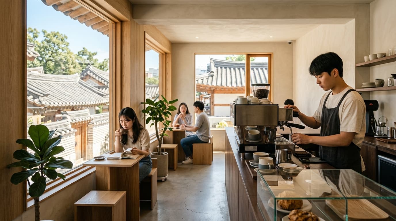 Bright, minimalist coffee shop in Seochon, Seoul, with barista and customers by large windows