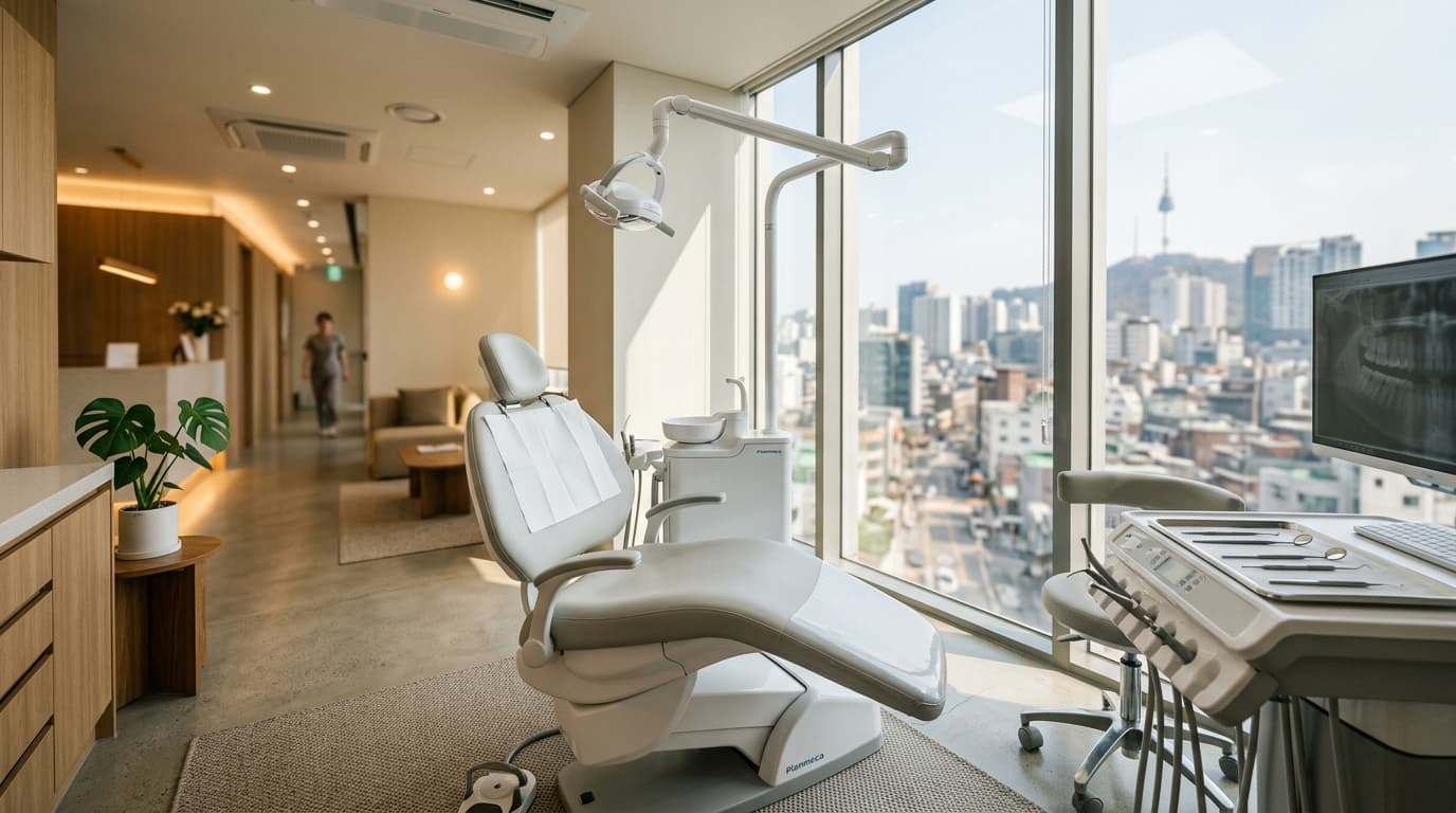 Modern Seoul dental clinic with city view, ready for teeth whitening