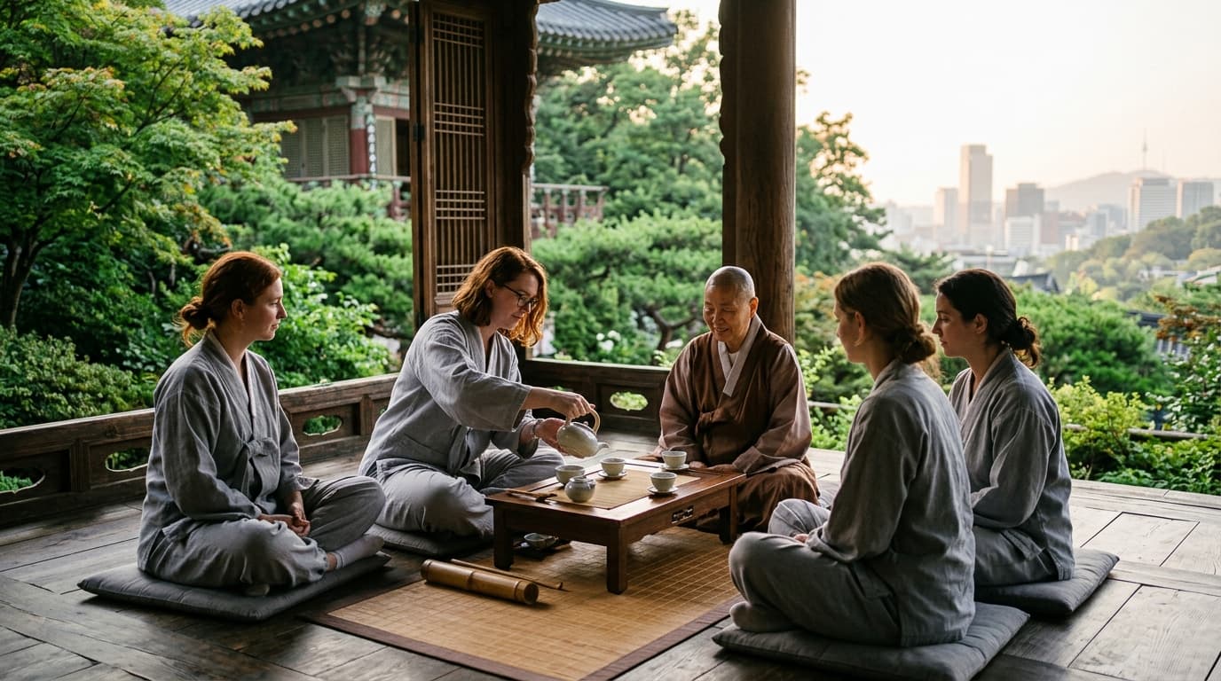 Foreign guests enjoying a tea ceremony at a traditional Korean temple near Seoul
