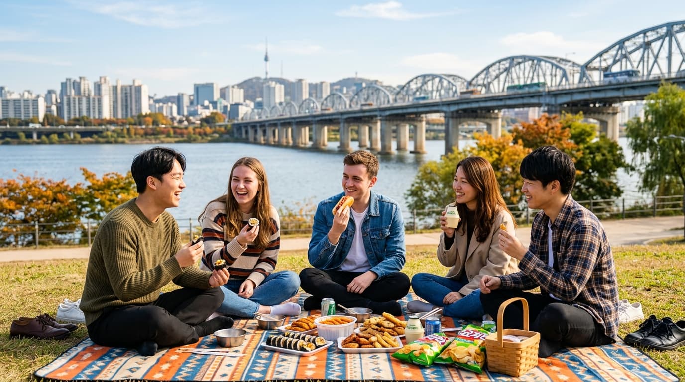 Travelers picnicking by the Han River with Seoul skyline and bridges