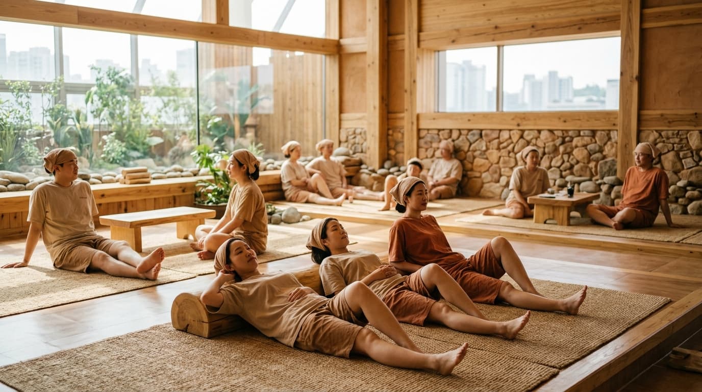 Guests relaxing in a bright, modern Seoul jjimjilbang communal sauna room