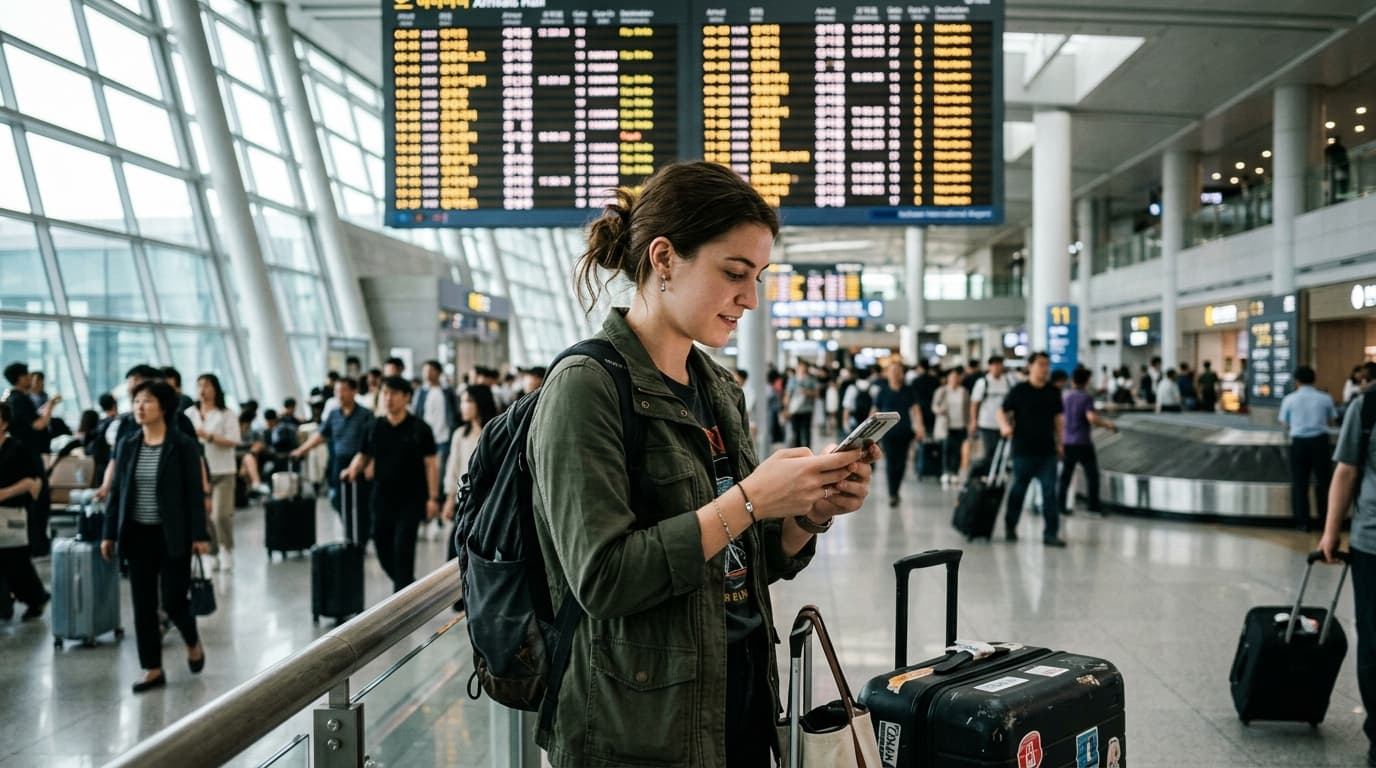 US traveler at Incheon Airport checking flight updates after Trump & Iran 2026 deal