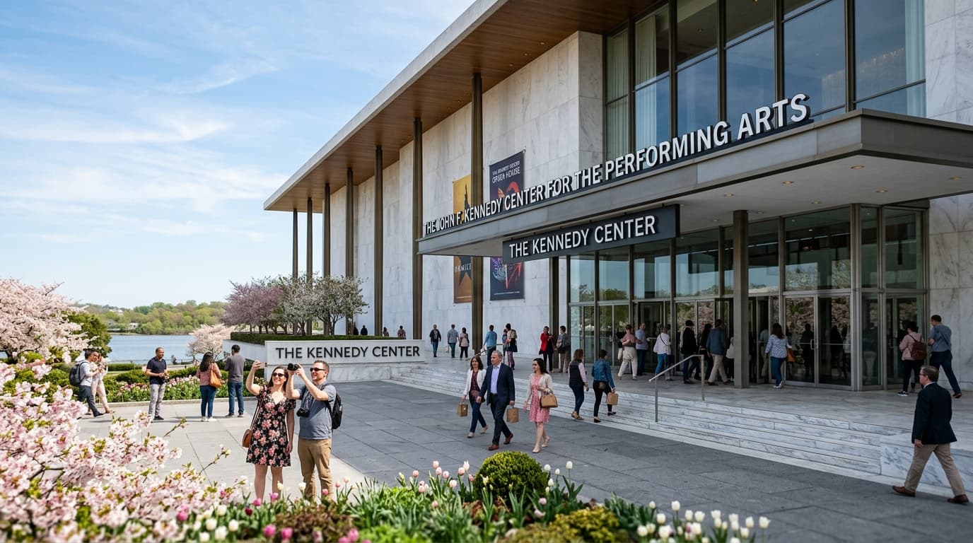 The Kennedy Center in Washington DC with visitors outside and updated signage