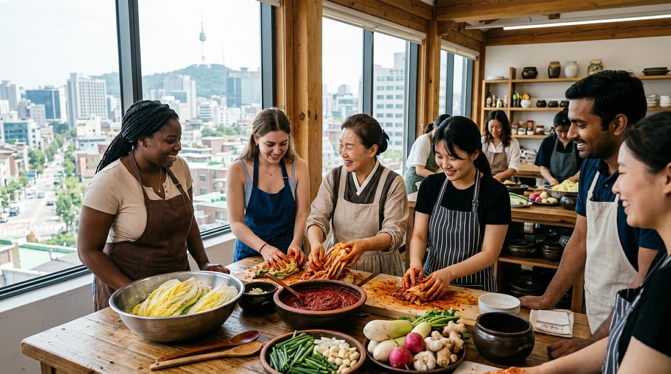 Tourists making kimchi with a Korean chef in a modern Seoul cooking class studio