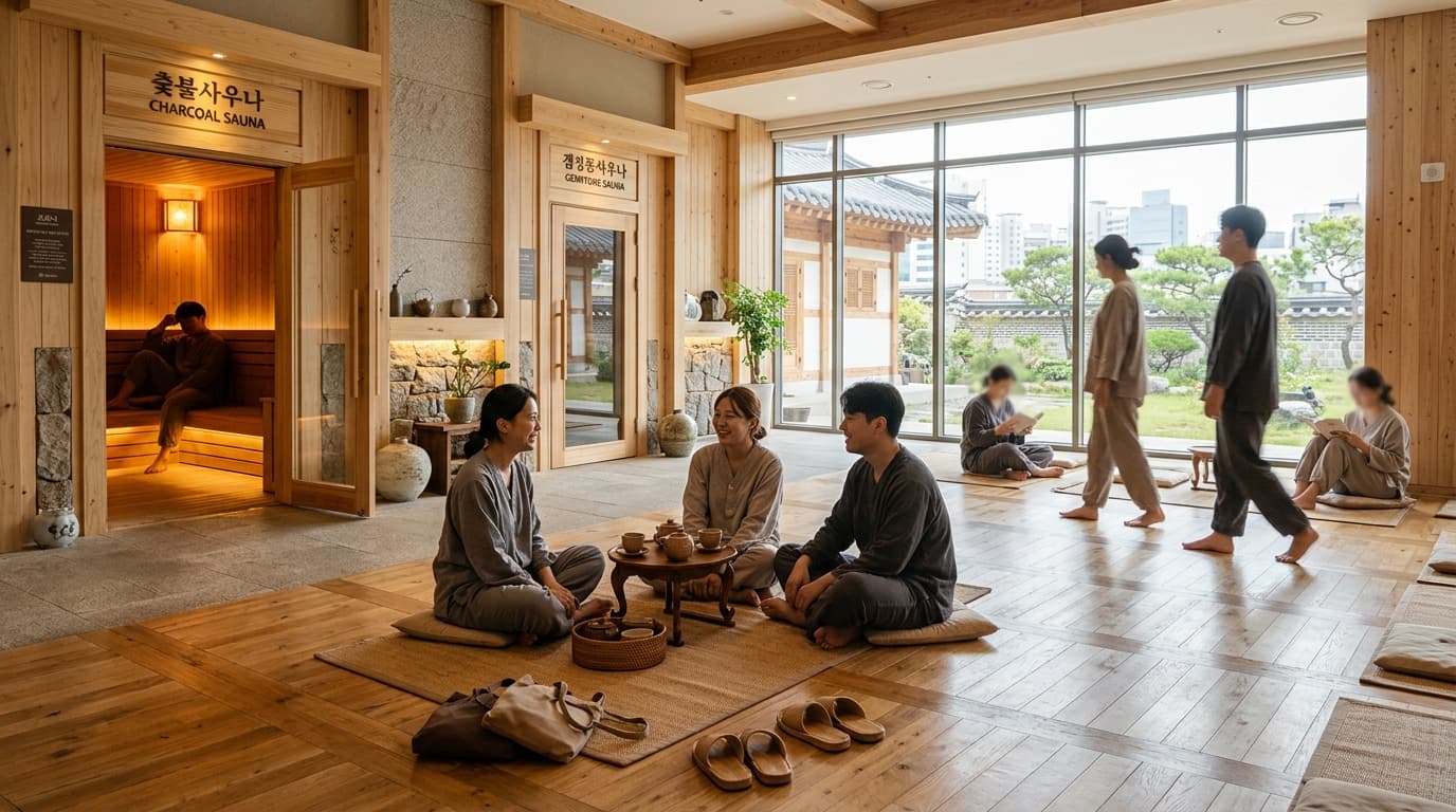 Visitors relaxing in a modern Seoul jjimjilbang lounge, wearing spa outfits, surrounded by wooden sauna rooms
