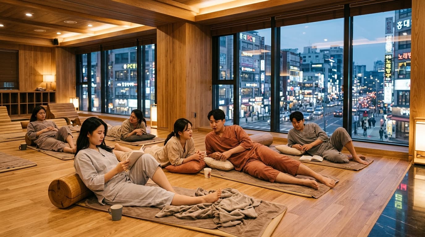People relaxing in a modern jjimjilbang lounge in Hongdae, Seoul