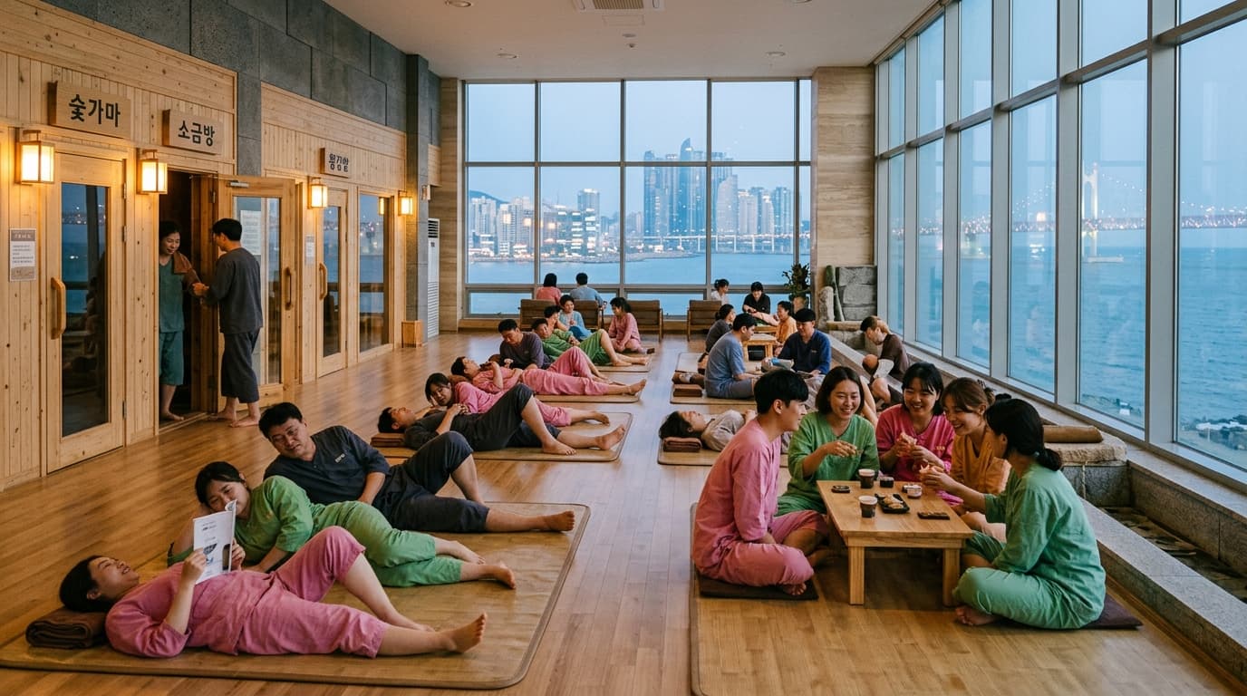 Busan jjimjilbang lounge with people relaxing in pajamas and sauna rooms nearby
