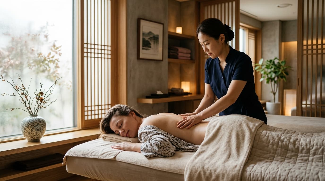 A serene Korean spa massage scene inside a modern Seoul spa, with a tourist relaxing on the massage bed.