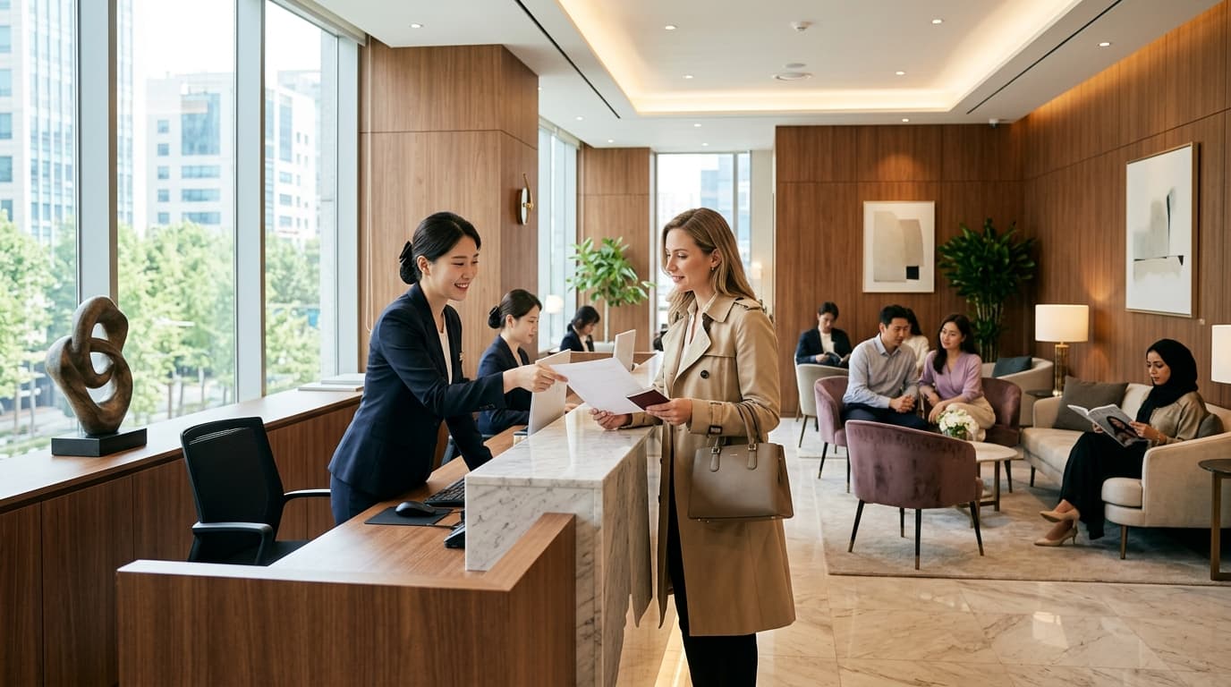 Modern VIP plastic surgery clinic reception in Gangnam with interpreter assisting international visitors